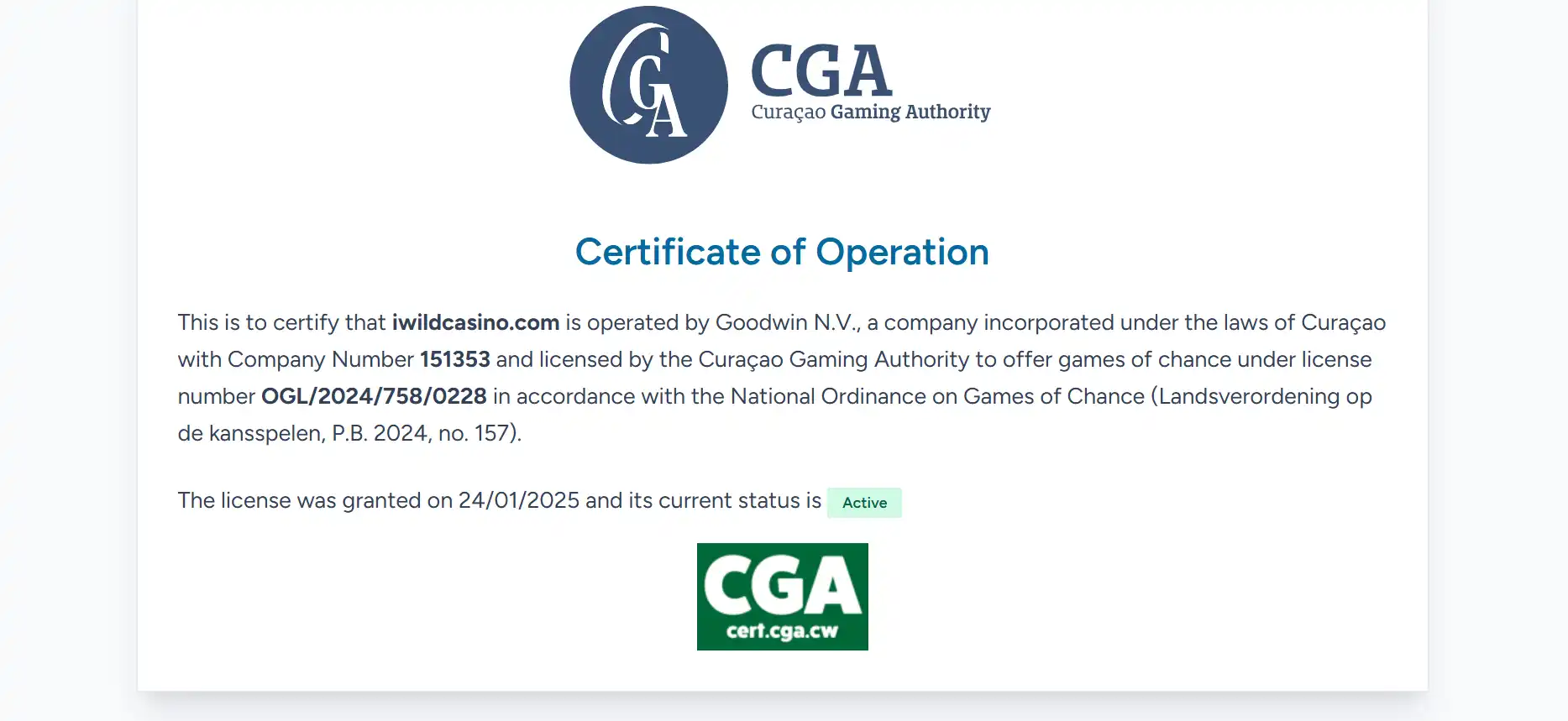 Certyfikat Curaçao Gaming Authority dla iwildcasino.com
